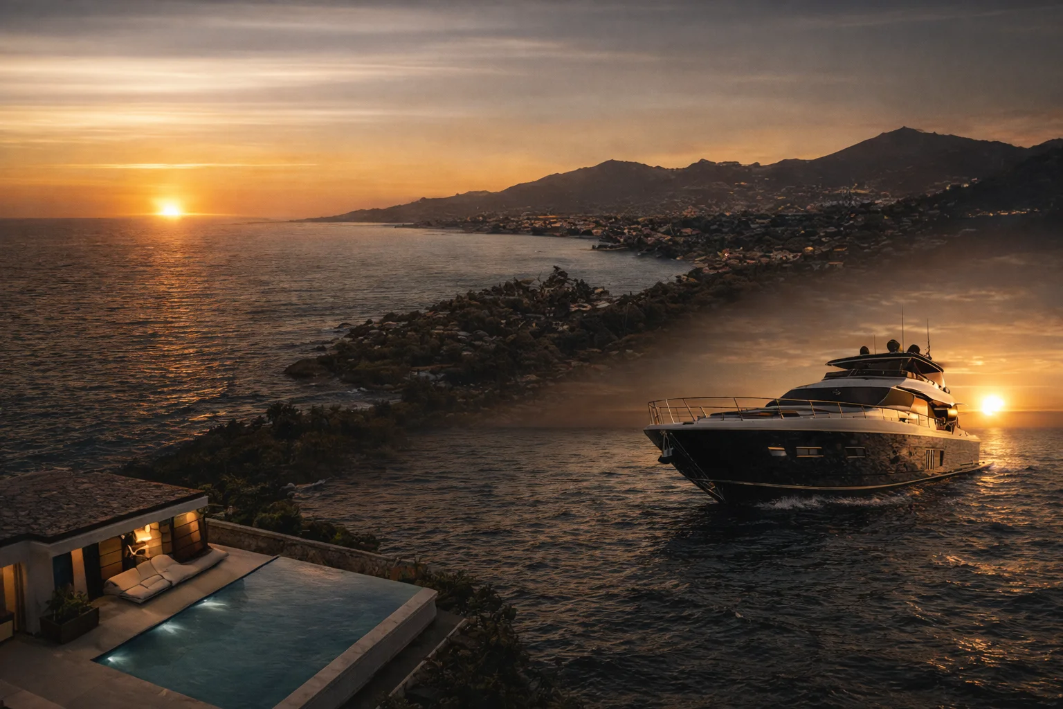 Luxury yacht cruising along a Mediterranean coast at sunset